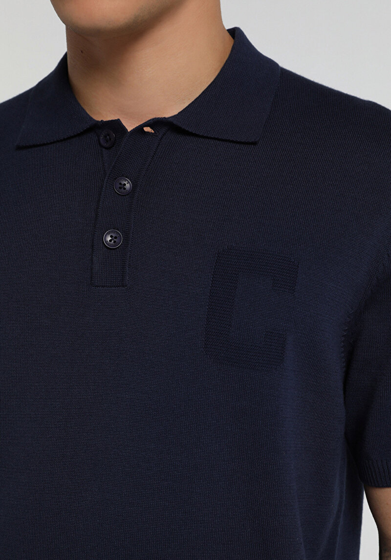 Regular Fit Polo Yaka Jakarlı Erkek Lacivert Kısa Kol Kazak