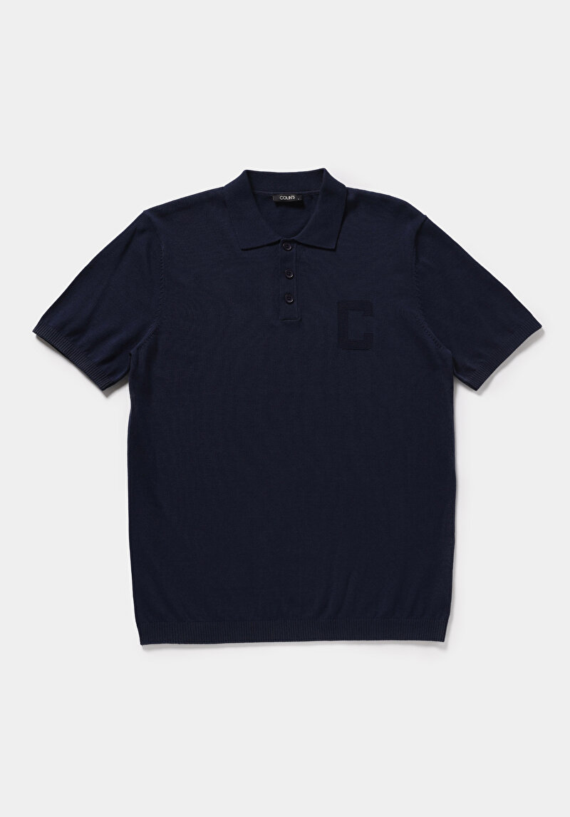Regular Fit Polo Yaka Jakarlı Erkek Lacivert Kısa Kol Kazak