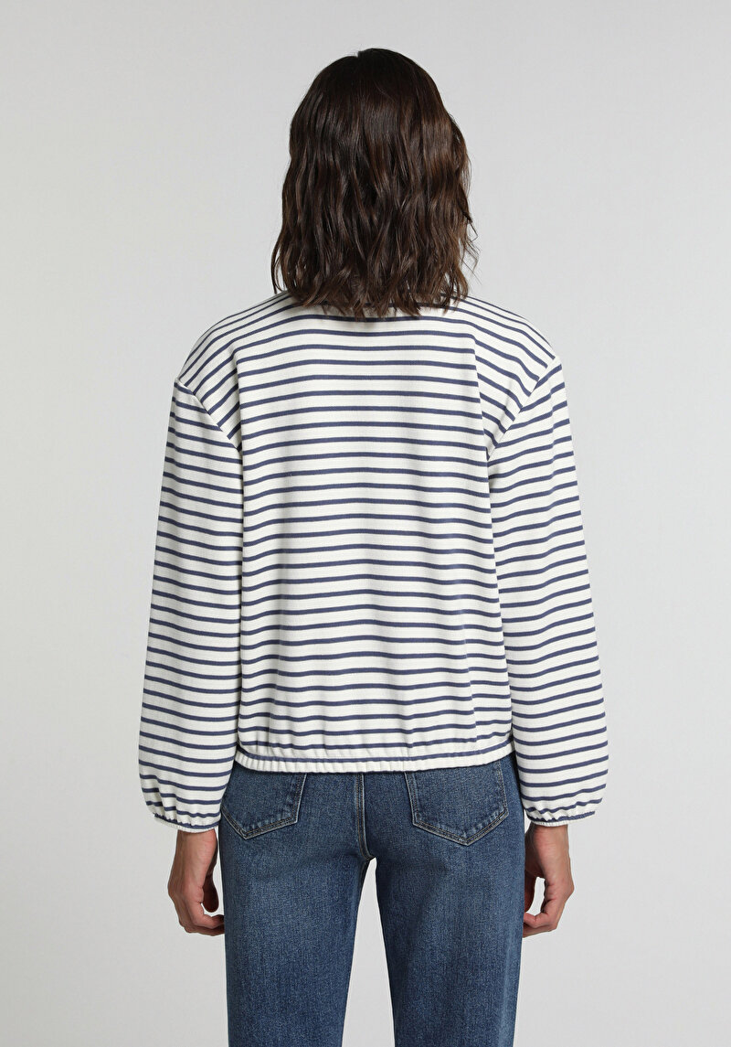 Regular Fit Polo Yaka Çizgili Kadın Mavi Sweatshirt