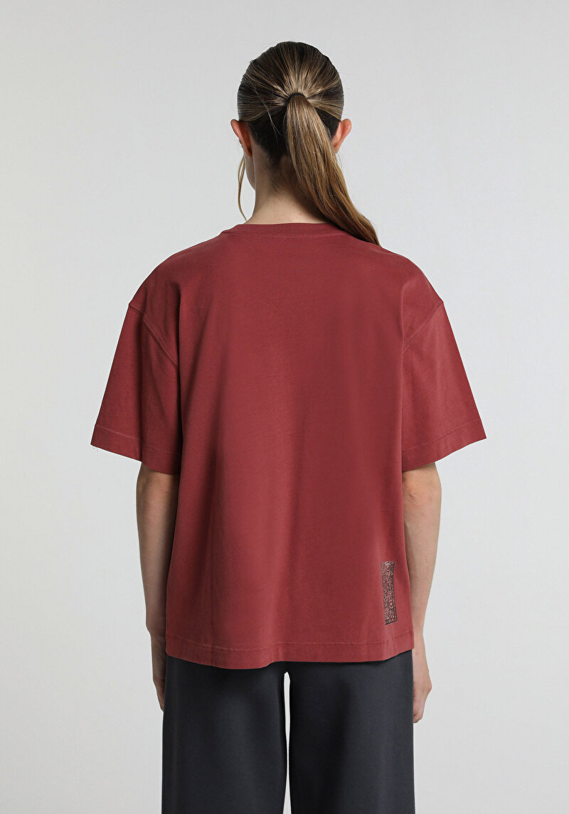 Boyfriend Fit Yuvarlak Yaka Baskılı Kadın Bordo Kısa Kol Tişört
