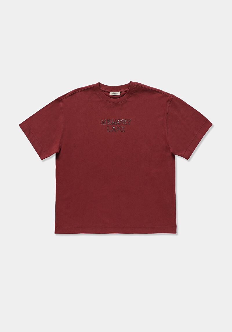 Boyfriend Fit Yuvarlak Yaka Baskılı Kadın Bordo Kısa Kol Tişört