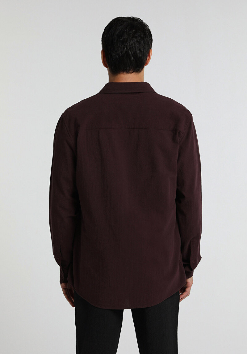 Regular Fit Shirt Neck Düz Erkek Bordo Uzun Kol Gömlek