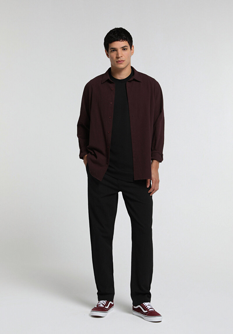 Regular Fit Shirt Neck Düz Erkek Bordo Uzun Kol Gömlek