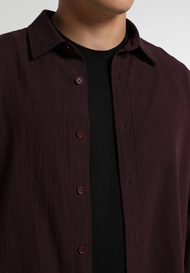 Regular Fit Shirt Neck Düz Erkek Bordo Uzun Kol Gömlek
