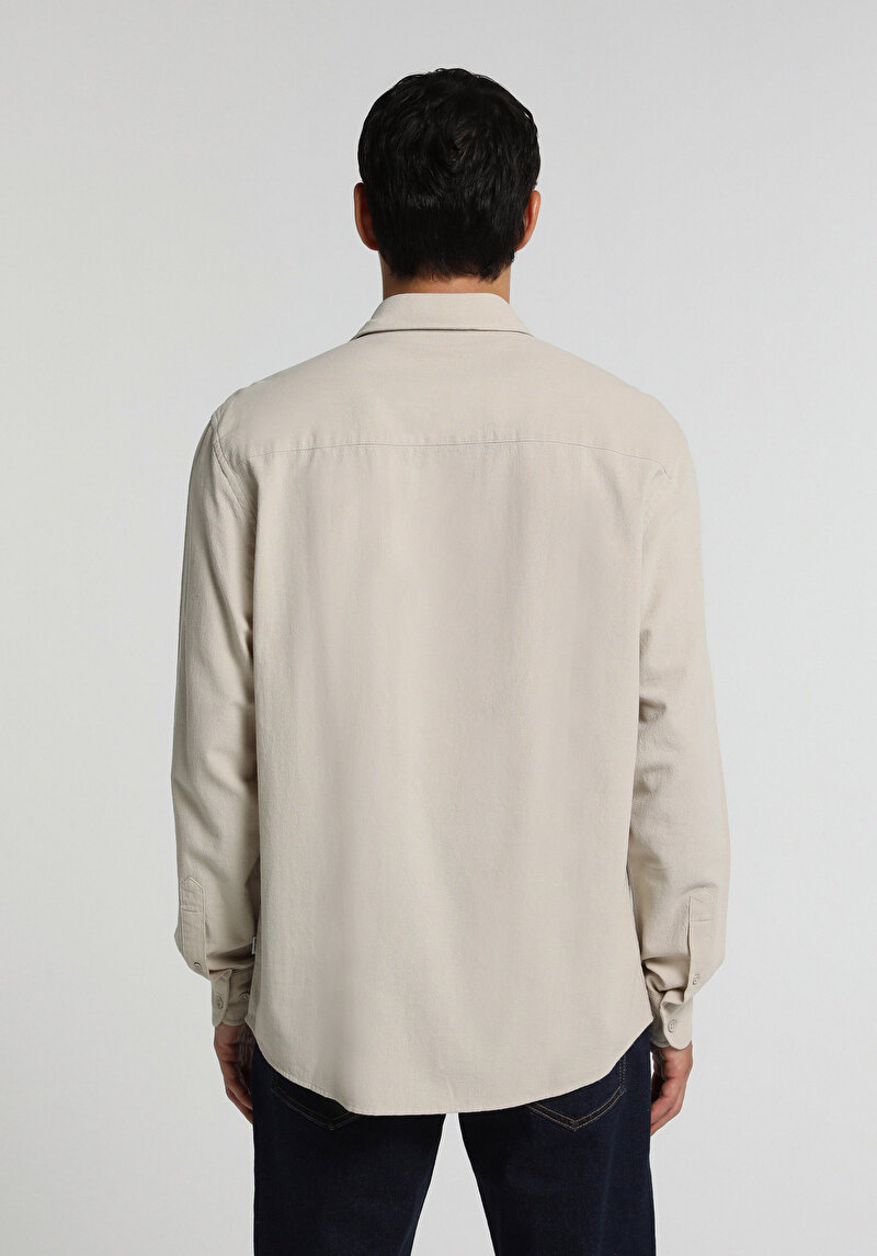 Regular Fit Shirt Neck Düz Erkek Taş Uzun Kol Gömlek
