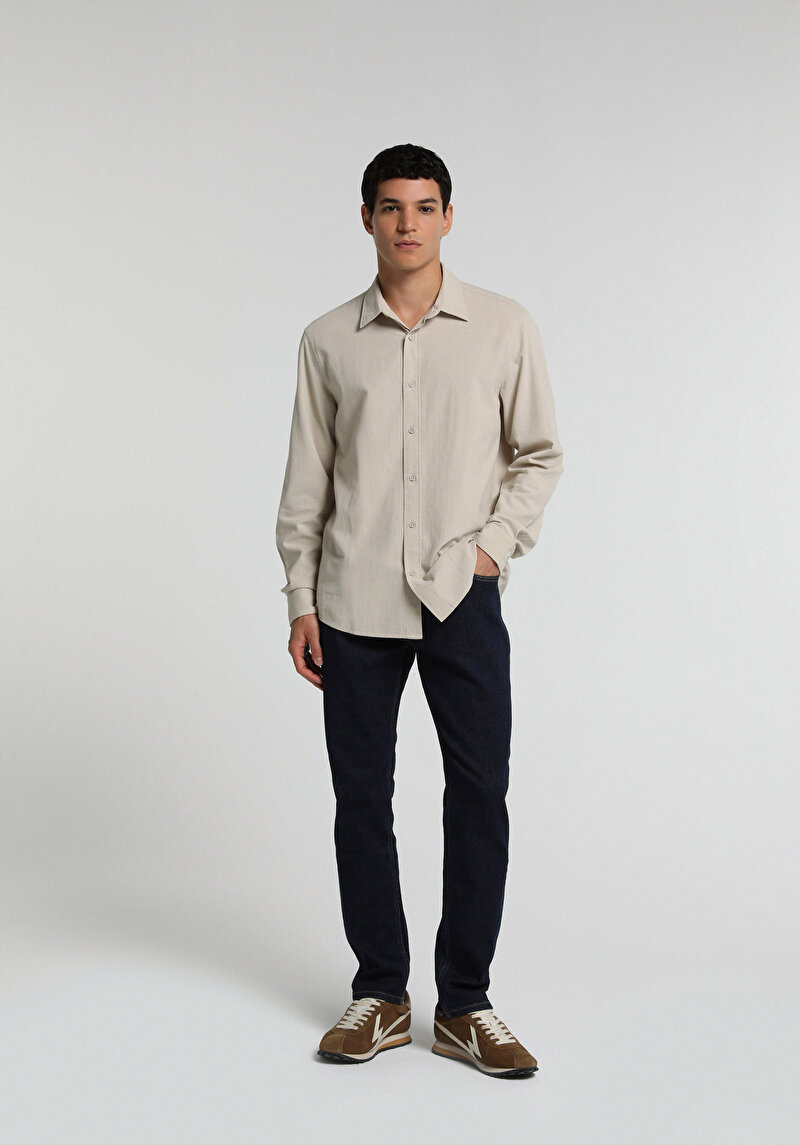 Regular Fit Shirt Neck Düz Erkek Taş Uzun Kol Gömlek