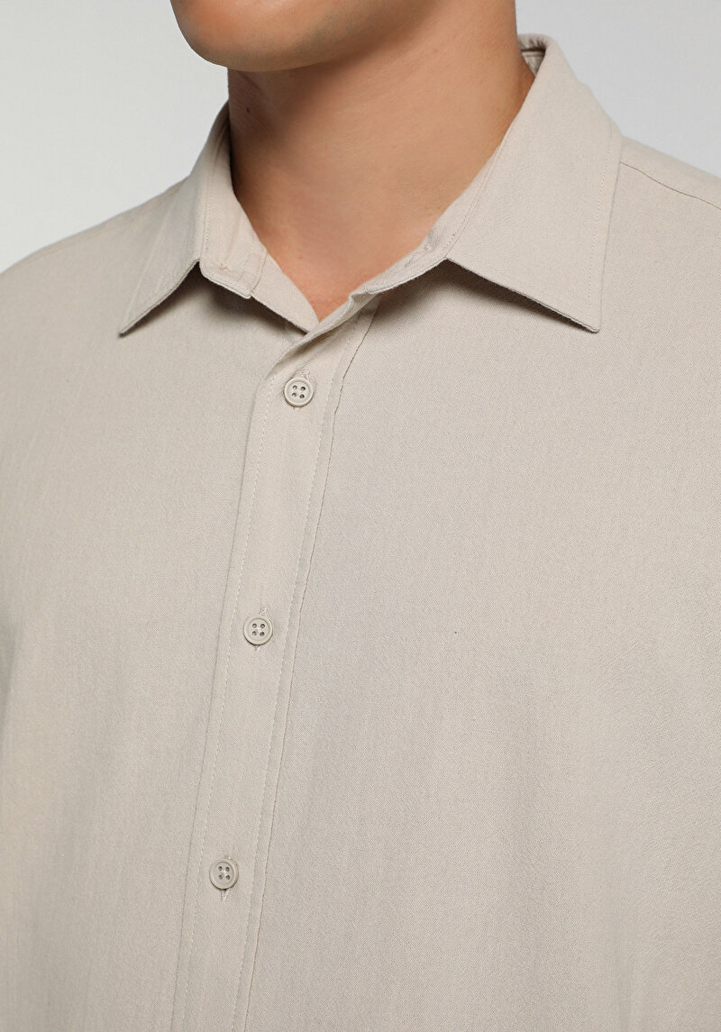 Regular Fit Shirt Neck Düz Erkek Taş Uzun Kol Gömlek