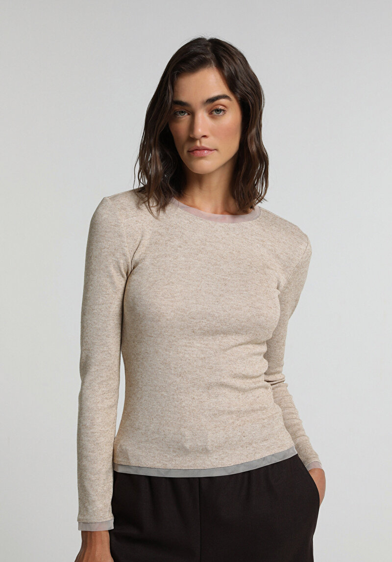 Slim Fit Kadın Bej Tişört
