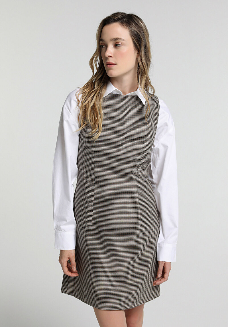 Slim Fit Ekoseli Kadın Kahverengi Kolsuz Elbise