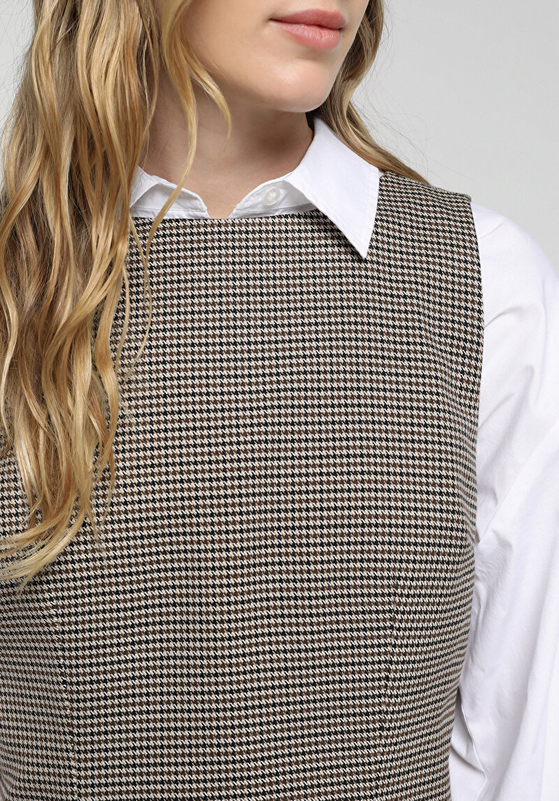 Slim Fit Ekoseli Kadın Kahverengi Kolsuz Elbise