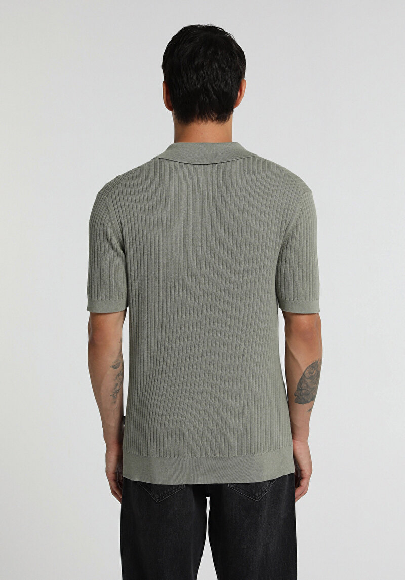 Regular Fit Polo Yaka Jakarlı Erkek Yeşil Kısa Kol Kazak