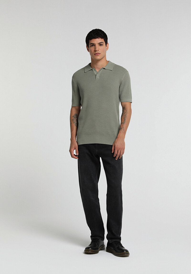 Regular Fit Polo Yaka Jakarlı Erkek Yeşil Kısa Kol Kazak