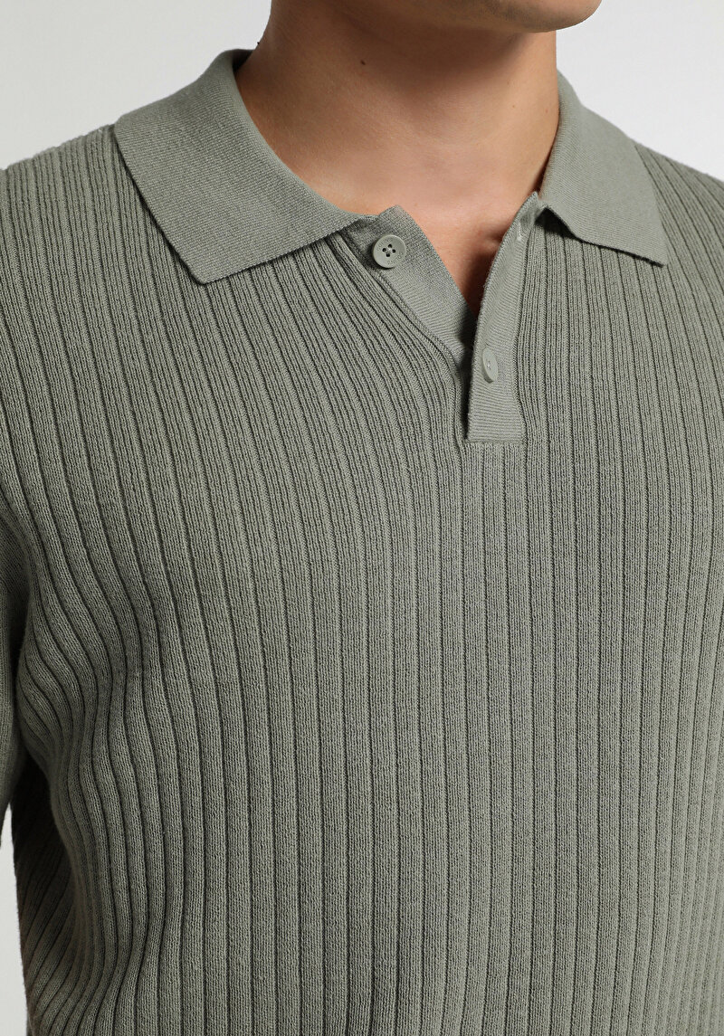 Regular Fit Polo Yaka Jakarlı Erkek Yeşil Kısa Kol Kazak