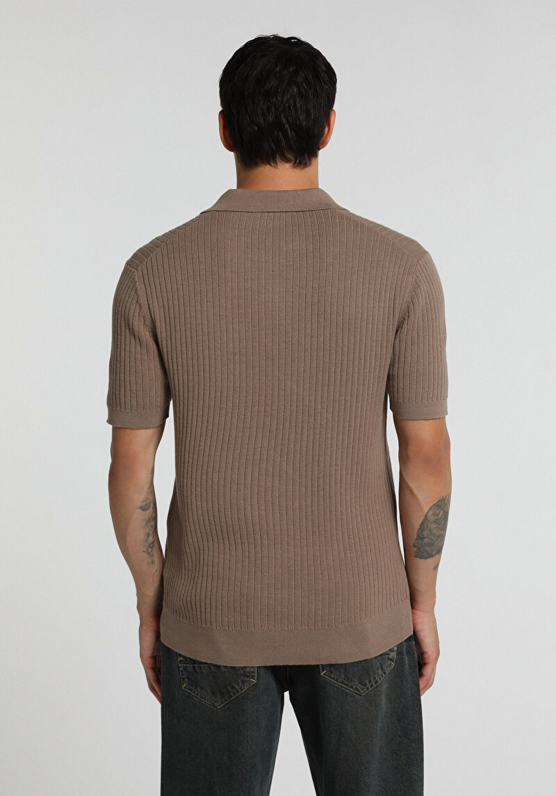 Regular Fit Polo Yaka Jakarlı Erkek Kahverengi Kısa Kol Kazak