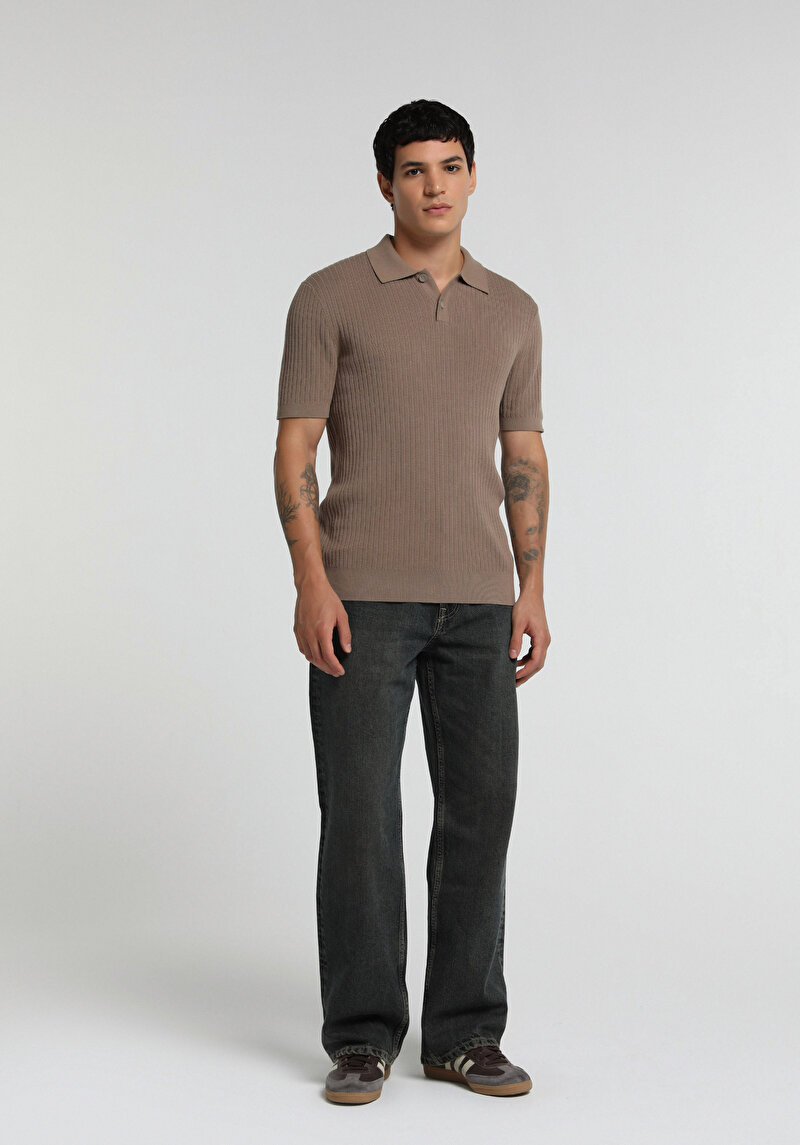 Regular Fit Polo Yaka Jakarlı Erkek Kahverengi Kısa Kol Kazak