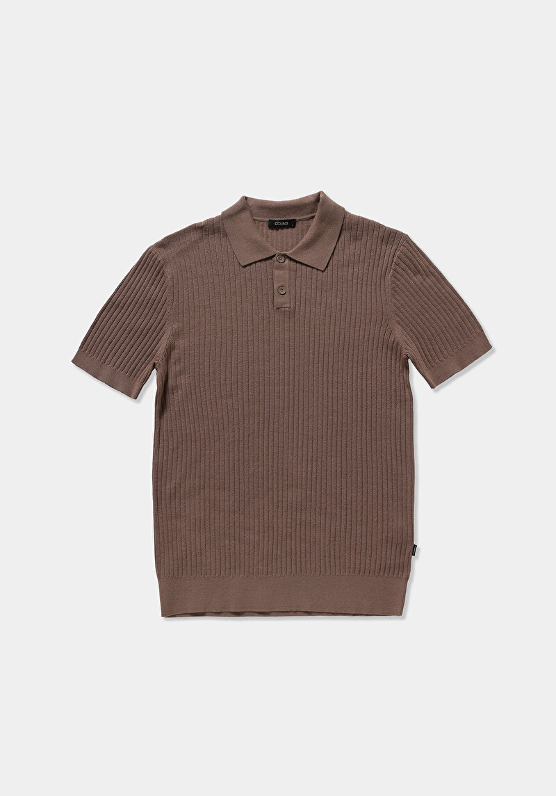 Regular Fit Polo Yaka Jakarlı Erkek Kahverengi Kısa Kol Kazak