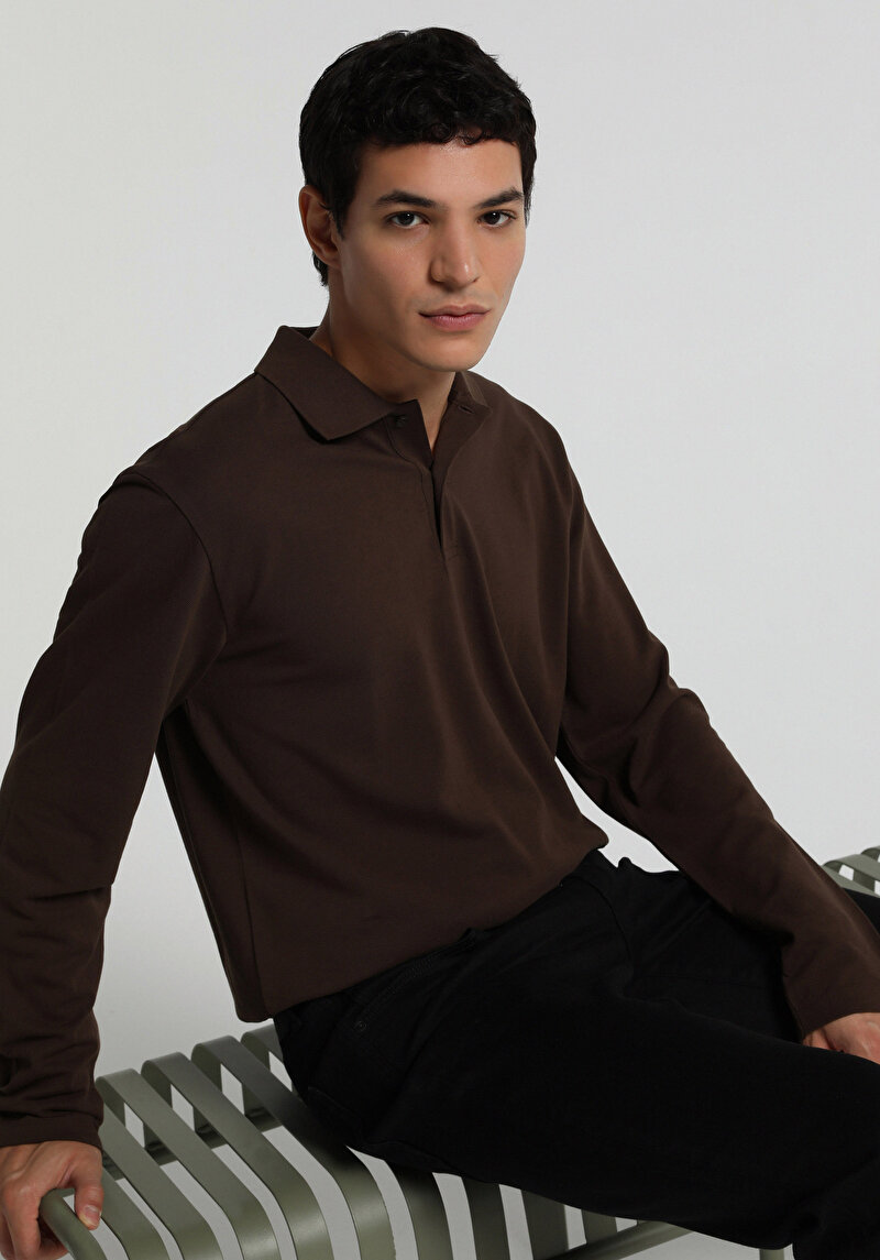 Regular Fit Polo Yaka Düz Erkek Kahverengi Uzun Kol Tişört