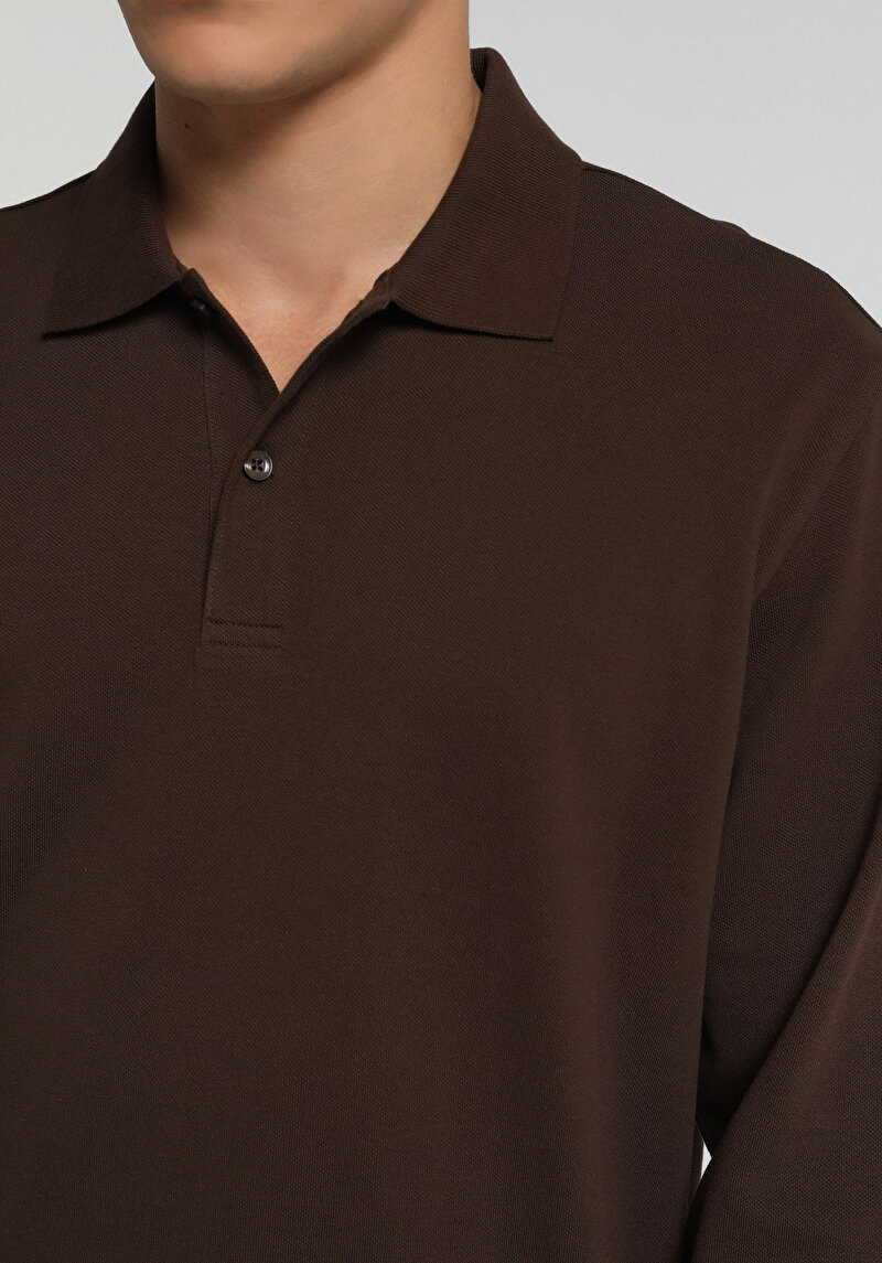 Regular Fit Polo Yaka Düz Erkek Kahverengi Uzun Kol Tişört