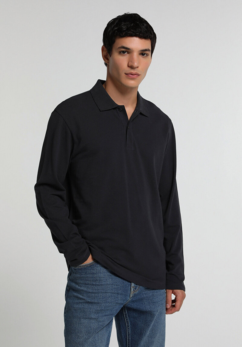 Regular Fit Polo Yaka Düz Erkek Lacivert Uzun Kol Tişört