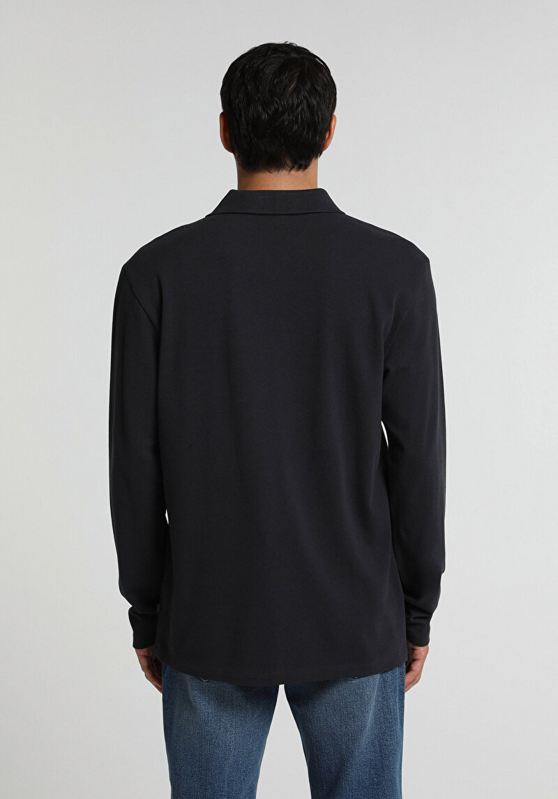 Regular Fit Polo Yaka Düz Erkek Lacivert Uzun Kol Tişört