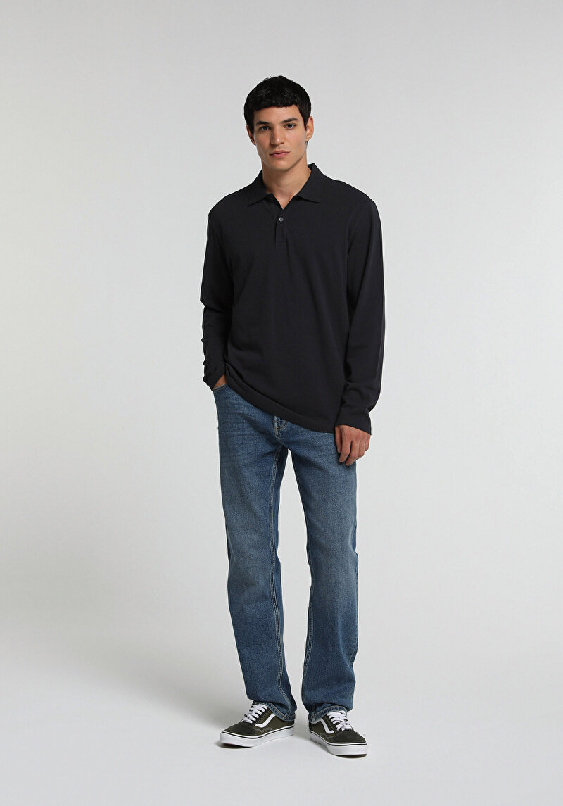 Regular Fit Polo Yaka Düz Erkek Lacivert Uzun Kol Tişört