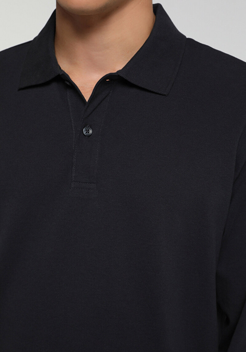 Regular Fit Polo Yaka Düz Erkek Lacivert Uzun Kol Tişört
