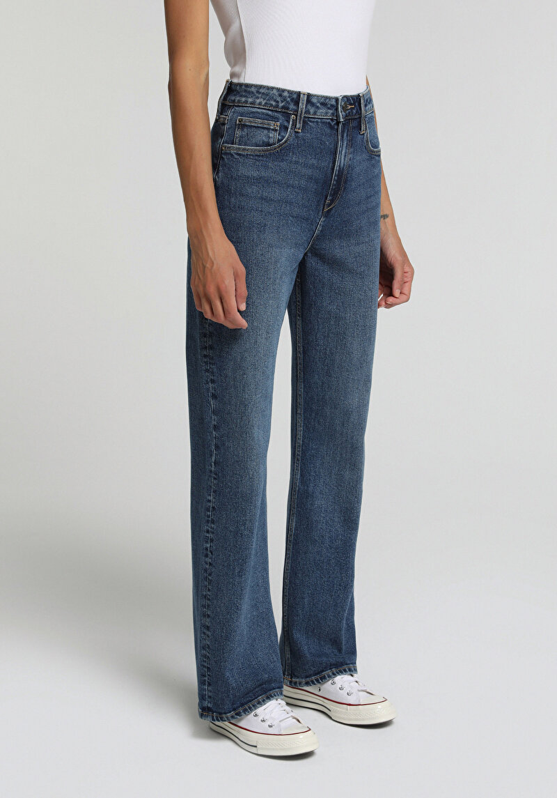 Loose Bootcut Fit   Kadın Mid İndigo Denim Jean Pantolon