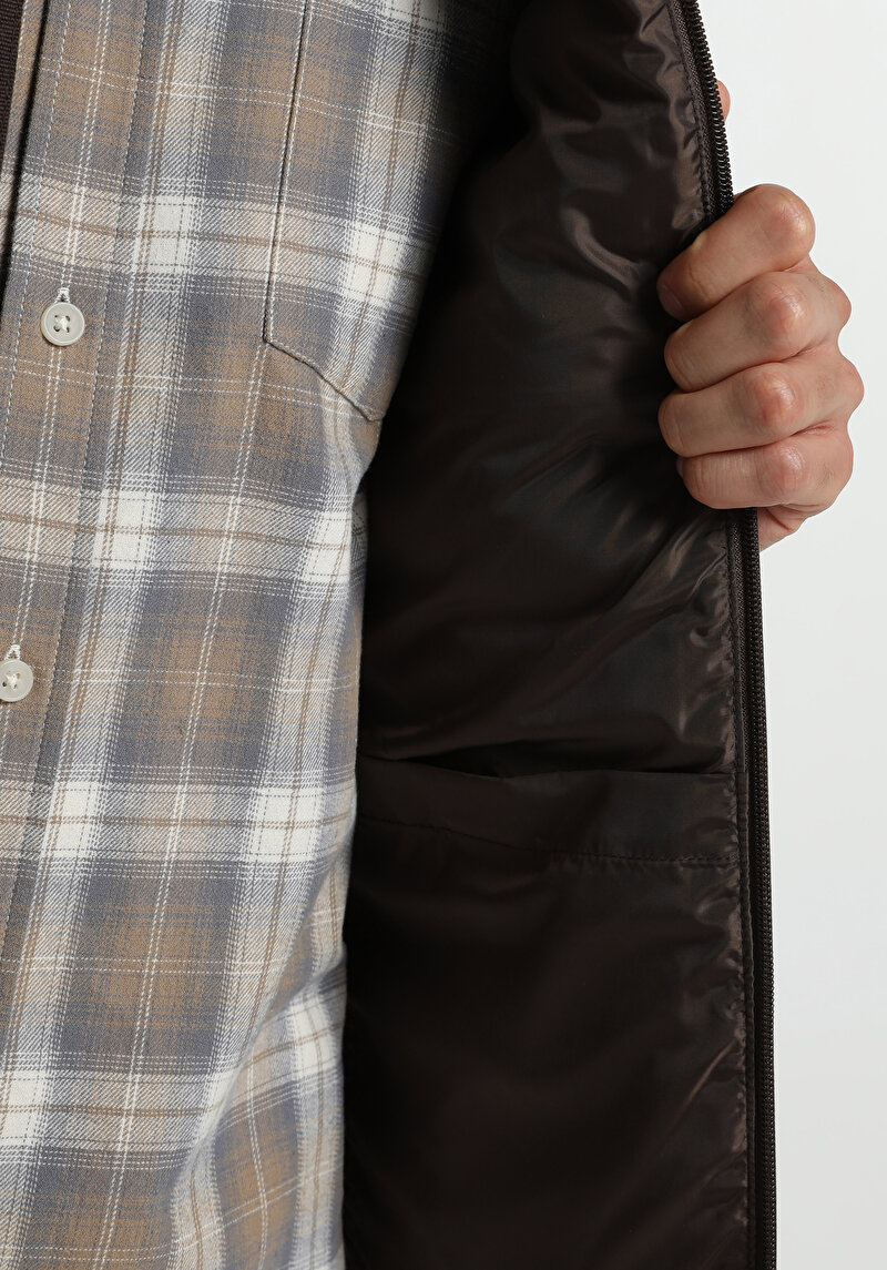 Slim Fit Dik Yaka Fermuarlı Astarlı  Erkek Kahverengi Yelek