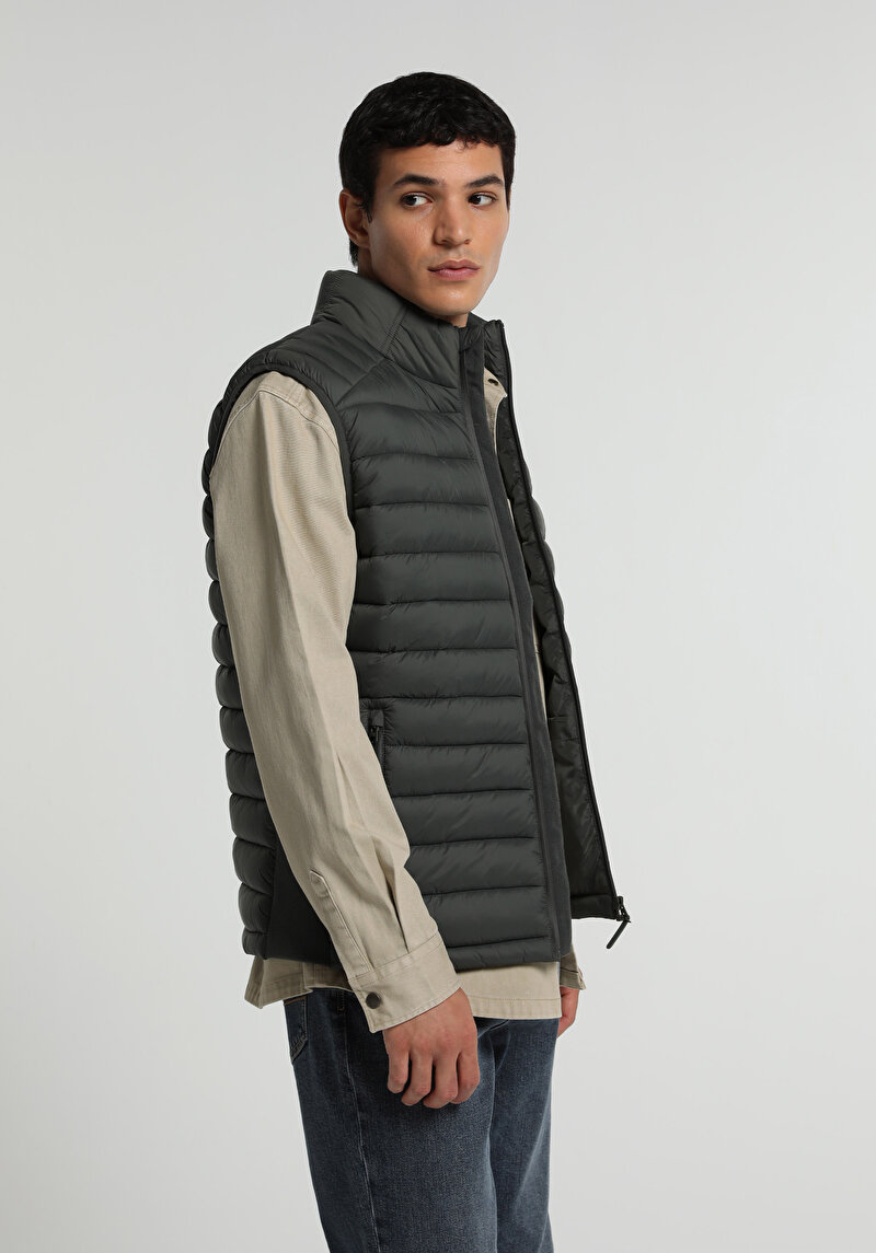 Slim Fit Dik Yaka Fermuarlı Astarlı  Erkek Yeşil Yelek