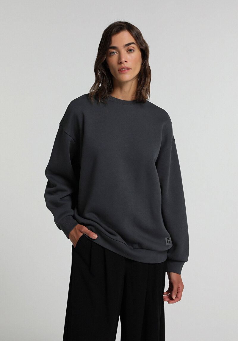 Relaxed Fit Yuvarlak Yaka Baskılı Kadın Antrasit Sweatshirt
