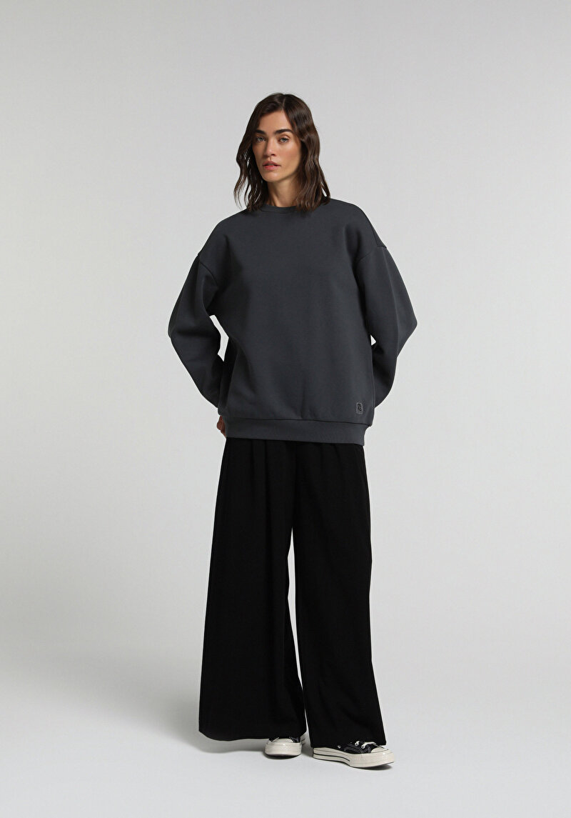 Relaxed Fit Yuvarlak Yaka Baskılı Kadın Antrasit Sweatshirt