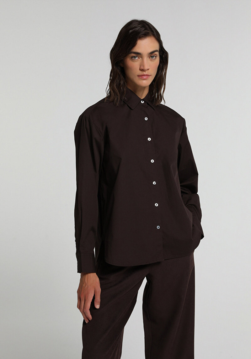 Boyfriend Fit Shirt Neck Düz Kadın Kahverengi Uzun Kol Gömlek