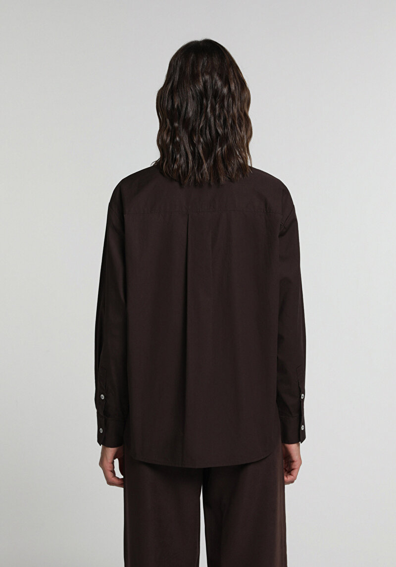 Boyfriend Fit Shirt Neck Düz Kadın Kahverengi Uzun Kol Gömlek