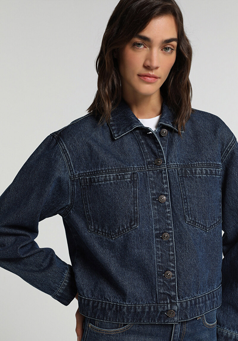 Oversize Fit Düğmeli Astarsız  Kadın Dark İndigo Denim Ceket