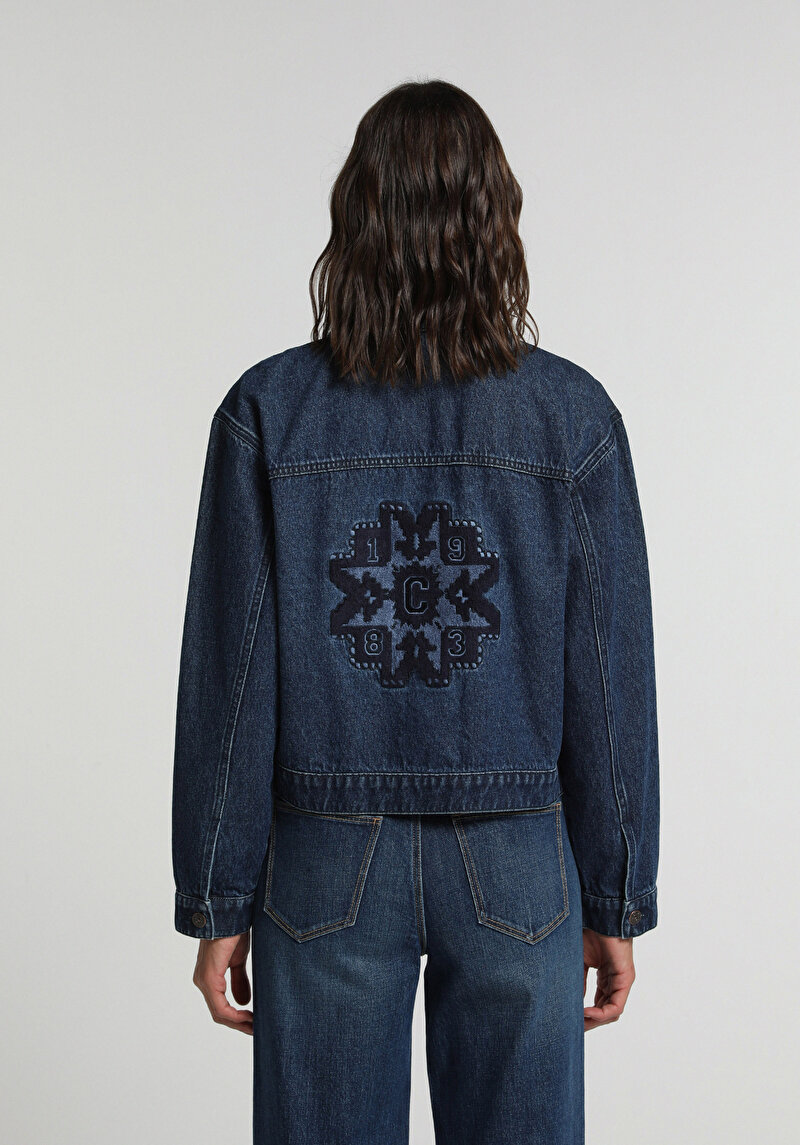 Oversize Fit Düğmeli Astarsız  Kadın Dark İndigo Denim Ceket