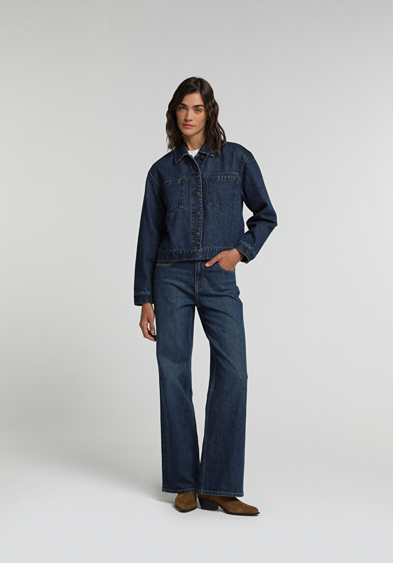 Oversize Fit Düğmeli Astarsız  Kadın Dark İndigo Denim Ceket
