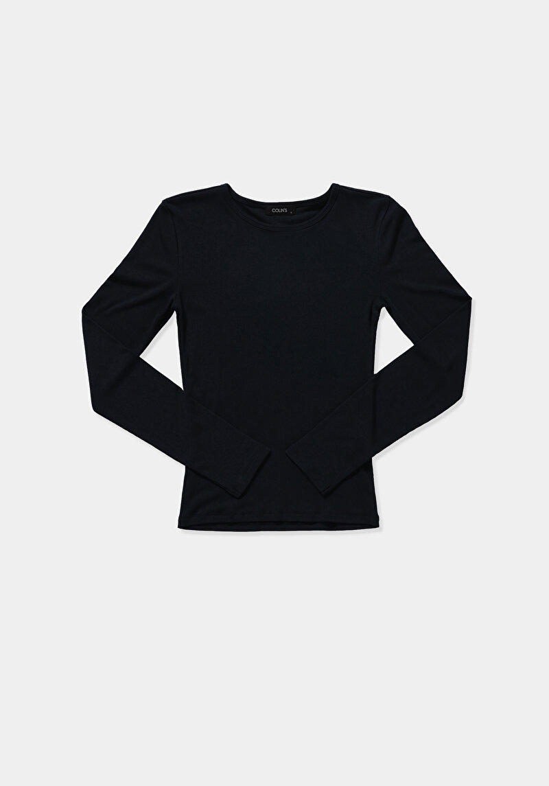 Slim Fit Yuvarlak Yaka Düz Kadın Siyah Uzun Kol Tişört
