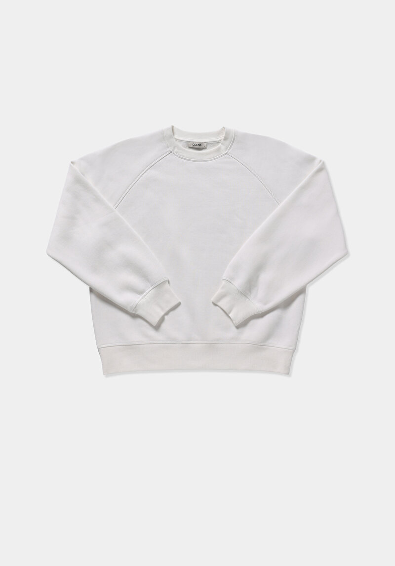 Regular Fit Yuvarlak Yaka Düz Kadın Beyaz Sweatshirt