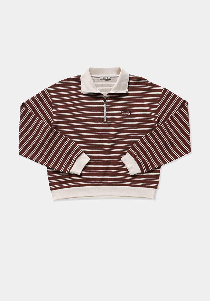 Regular Fit Polo Yaka Çizgili Kadın Kahverengi Sweatshirt