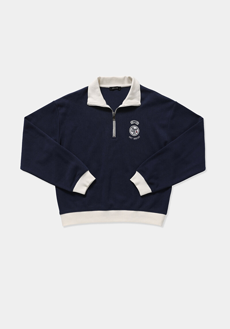 Regular Fit Polo Yaka Nakışlı Kadın Lacivert Sweatshirt