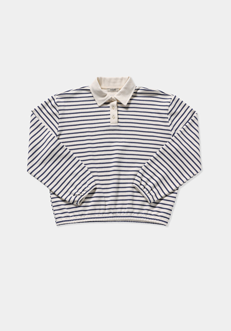 Regular Fit Polo Yaka Çizgili Kadın Mavi Sweatshirt