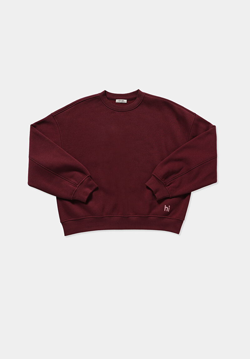 Oversize Fit Yuvarlak Yaka Nakışlı Kadın Bordo Sweatshirt