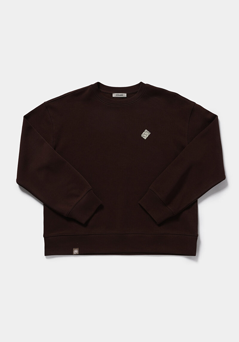 Regular Fit Yuvarlak Yaka Baskılı Kadın Kahverengi Sweatshirt