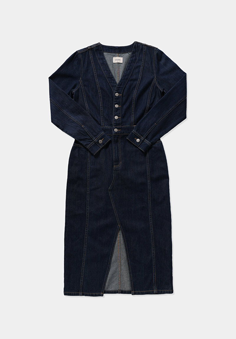 Slim Fit Düz Kadın Dark İndigo Denim Uzun Kol Elbise