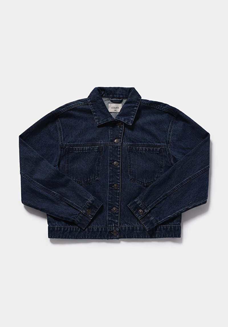 Oversize Fit Düğmeli Astarsız  Kadın Dark İndigo Denim Ceket