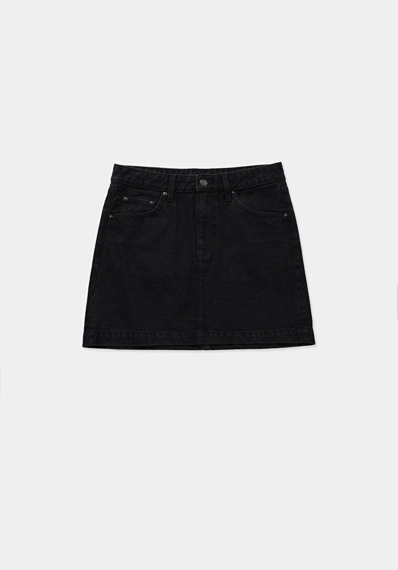Slim Fit Düz Fermuarlı Kadın Black Black Denim Etek