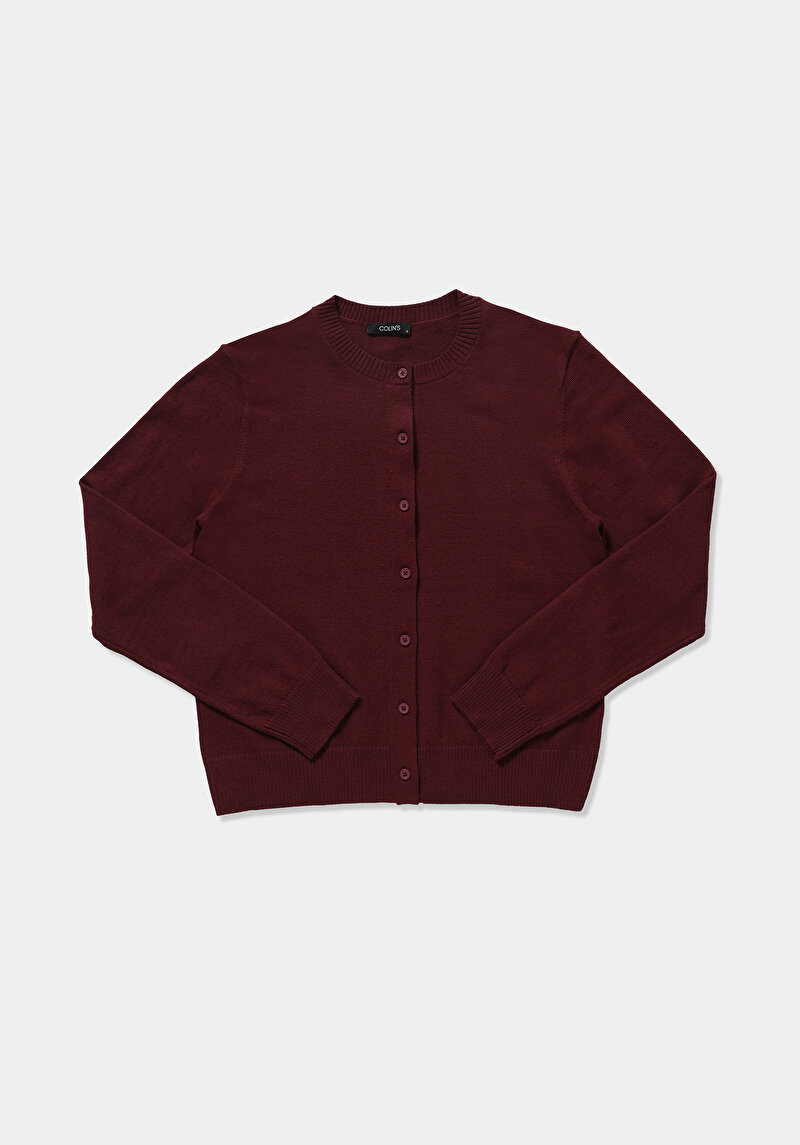 Slim Fit Yuvarlak Yaka Düz Kadın Bordo Hırka