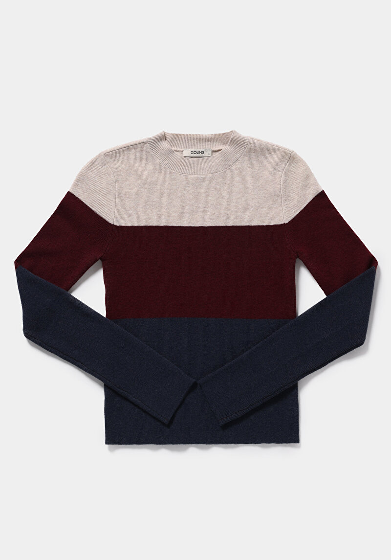 Slim Fit Yuvarlak Yaka Çizgili Kadın Çok Renkli Kazak