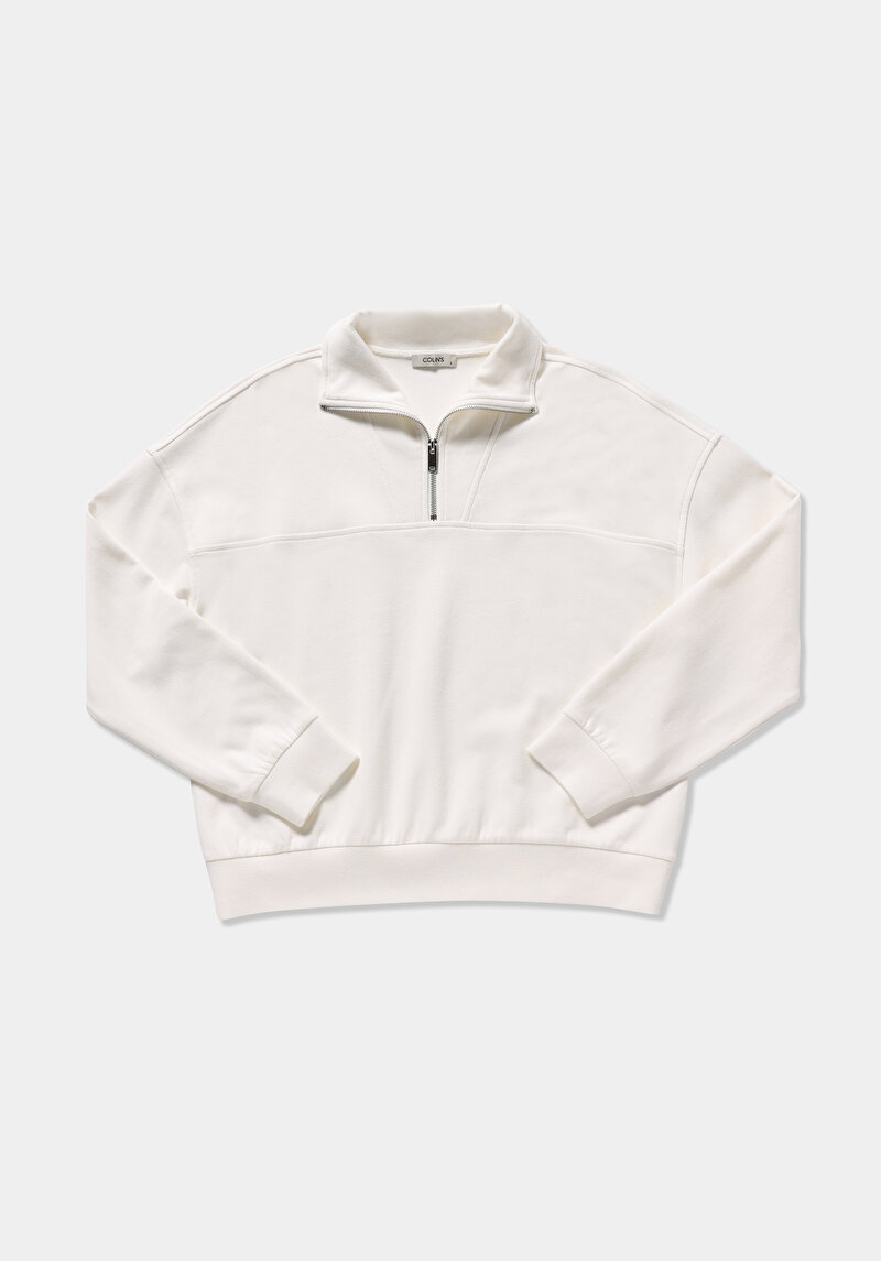 Regular Fit Fermuarlı Düz Kadın Beyaz Sweatshirt