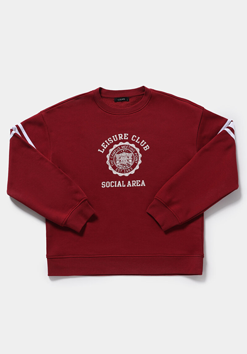 Regular Fit Yuvarlak Yaka Baskılı Kadın Kirmizi Sweatshirt